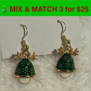 CE14 - Christmas Holiday Green Bell Earrings, Gold-tone Accents